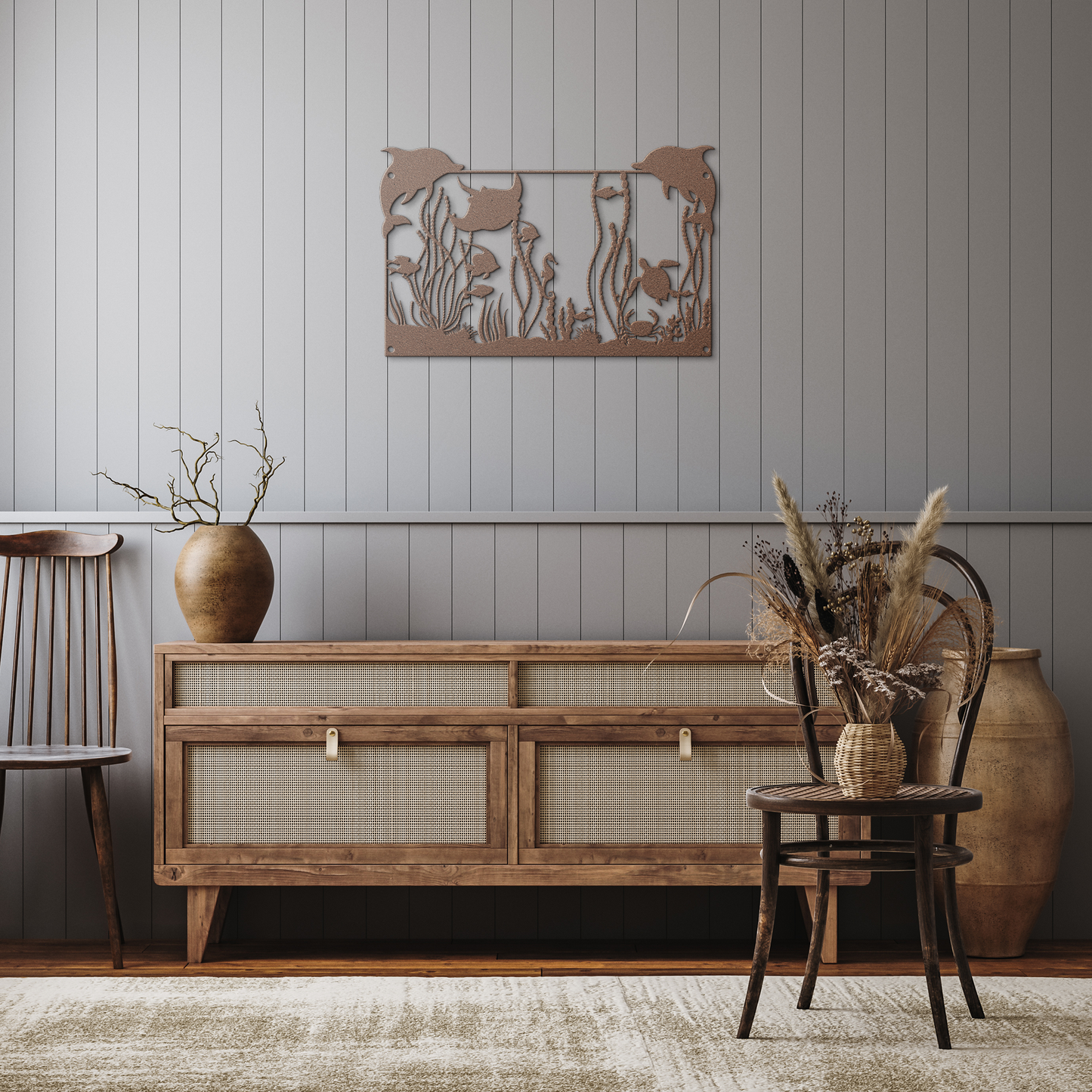 Dolphins_Turtles__Coral_Reef_Metal_Wal_Copper_Rustic_Hallway_Mockup.png