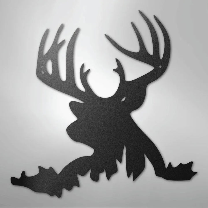 Black metal deer head wall art with large antlers, suitable for indoor or outdoor decor.
