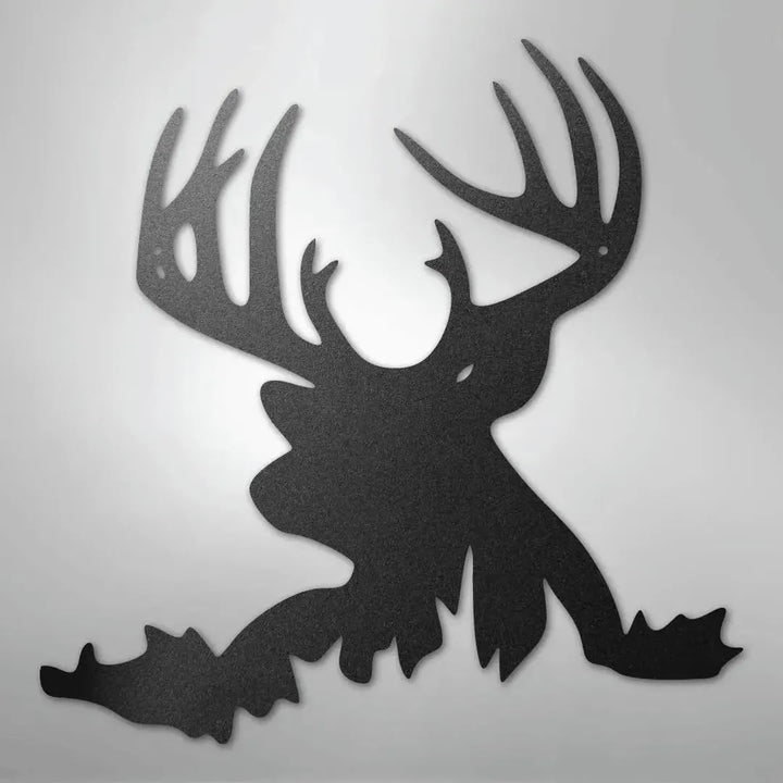 Black metal deer head wall art with large antlers, suitable for indoor or outdoor decor.