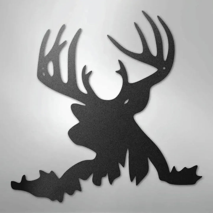Black metal deer head wall art with large antlers, suitable for indoor or outdoor decor.