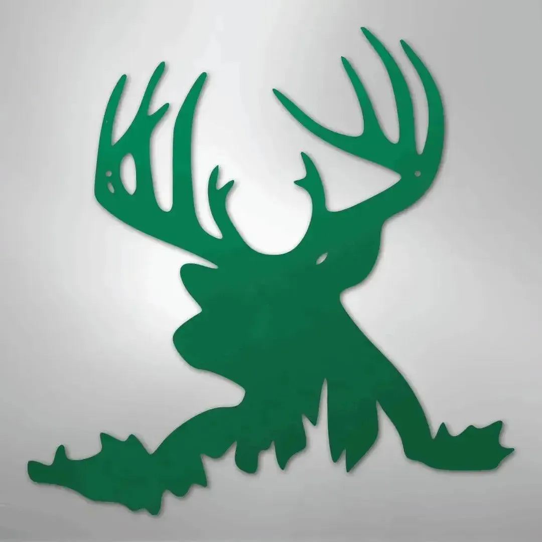 Green metal deer head wall art with antlers, suitable for indoor or outdoor decor.