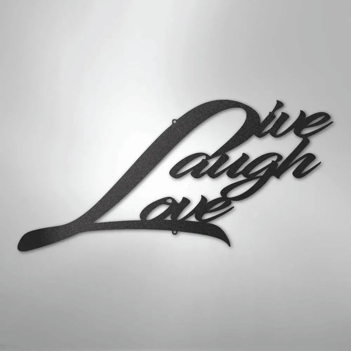 Black metal "Live Laugh Love" script wall art decor, powder-coated American steel.
