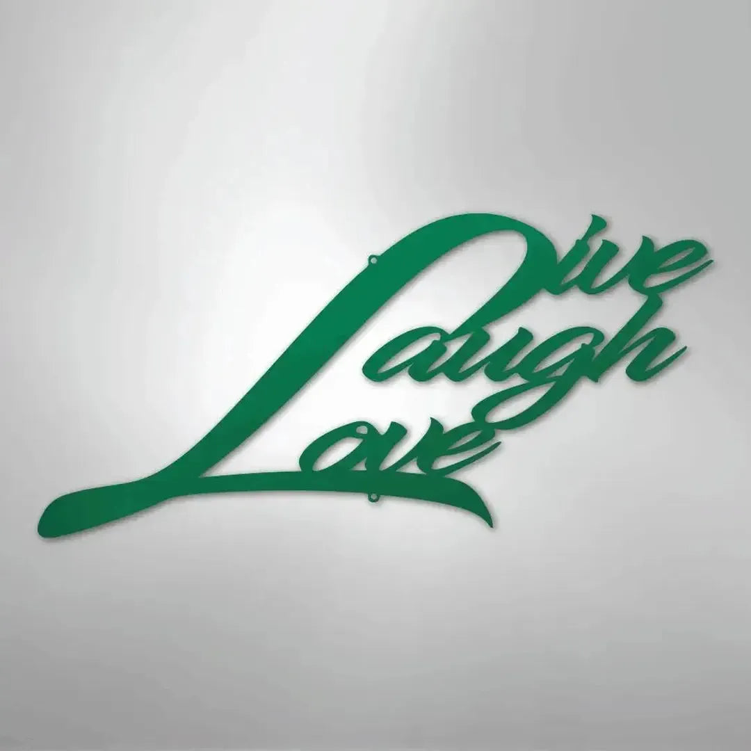 Green metal "Live Laugh Love" script wall art decor with a powder-coated finish.