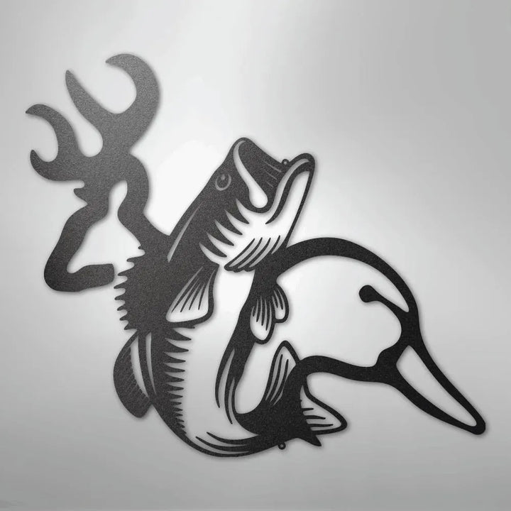 Black metal wall art featuring deer antlers, a bass fish, and a duck silhouette.