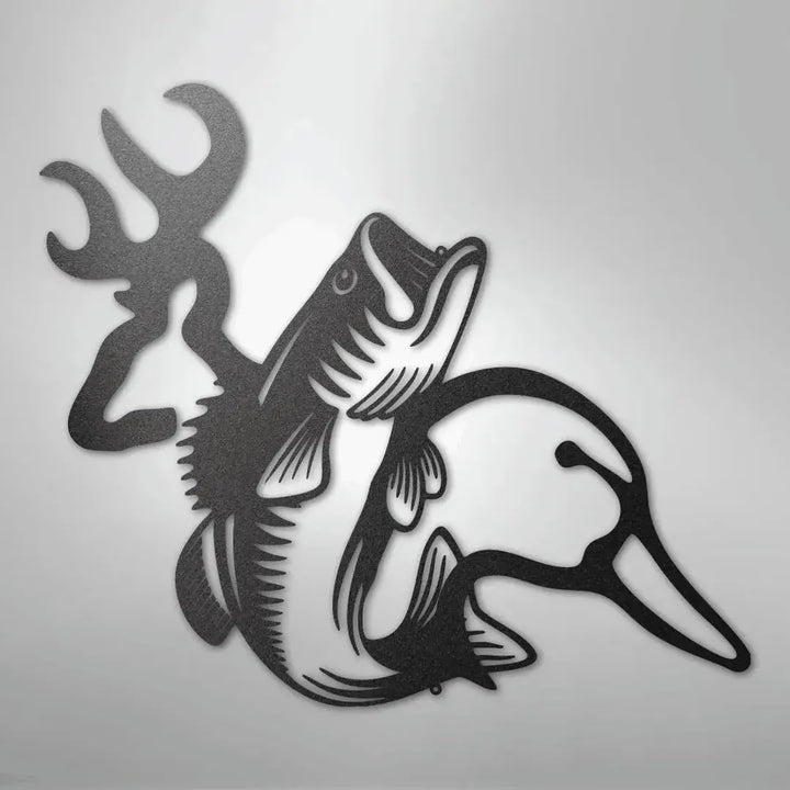 Black metal wall art featuring deer antlers, a bass fish, and a duck silhouette.