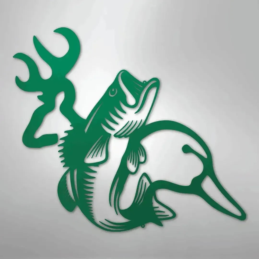 Green metal wall art featuring a deer antler, jumping bass, and duck head silhouette.