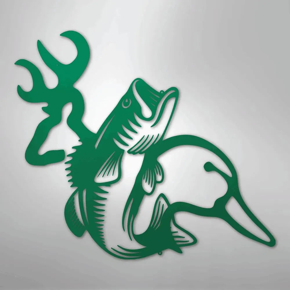 Green metal wall art featuring a deer antler, jumping bass, and duck head silhouette.