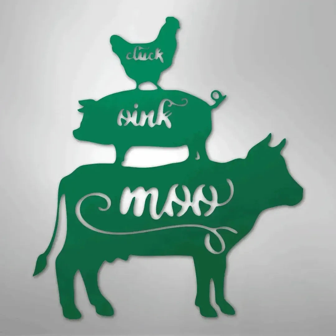 Green metal wall art featuring a cow, pig, and chicken stacked, with "moo," "oink," and "cluck" cutouts.