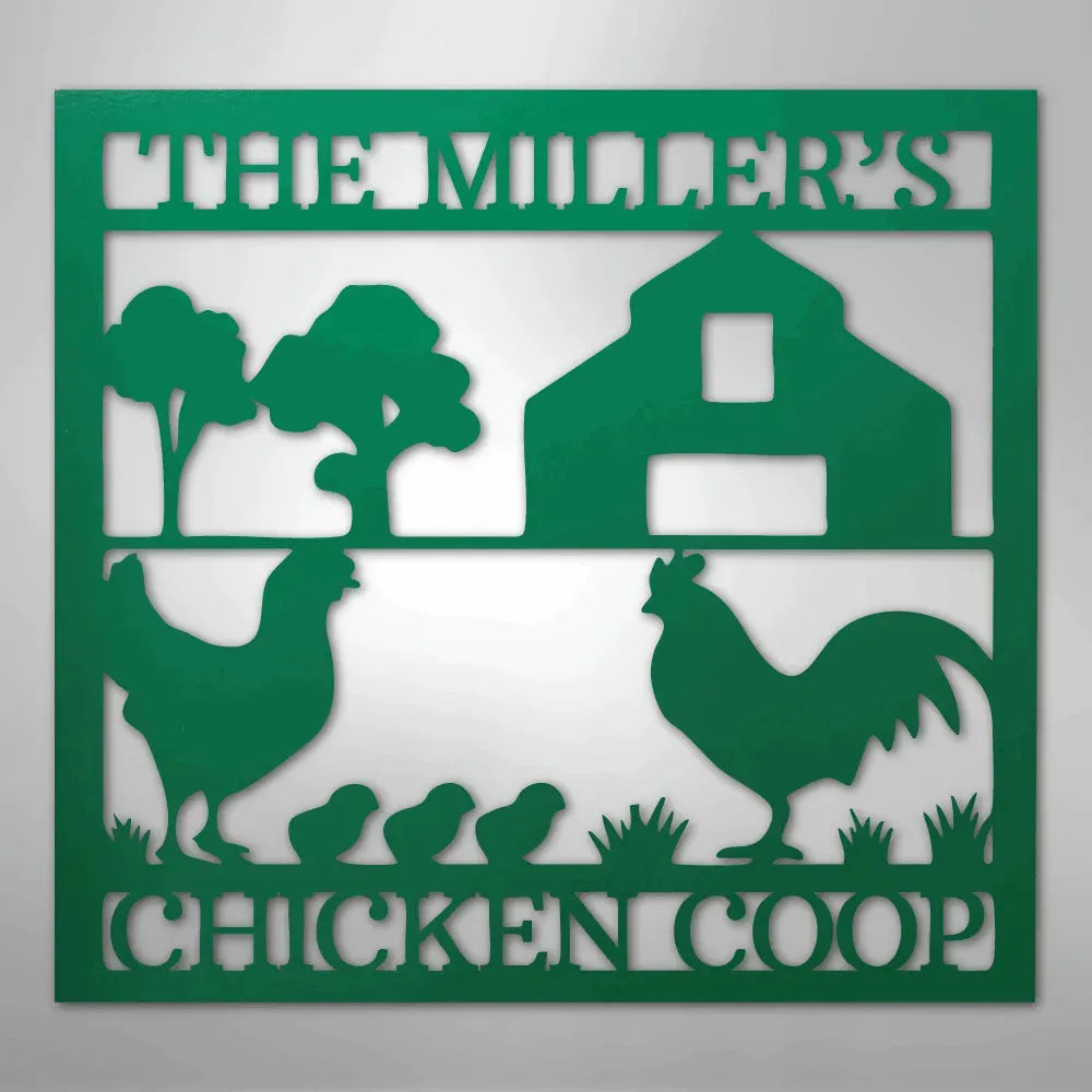 Green metal chicken coop monogram wall art with "THE MILLER'S CHICKEN COOP" text, rooster, hen, and chicks.