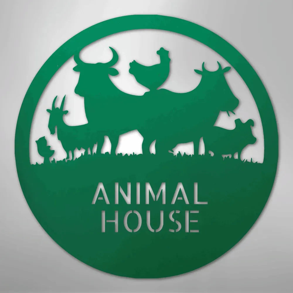 Green metal "Animal House" monogram with cow, chicken, goat, pig, and calf silhouettes in a circular design.