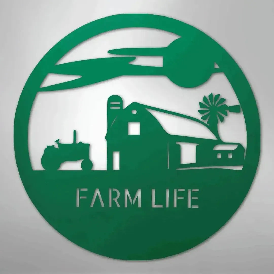 Green metal wall art with a circular farm life scene: barn, tractor, windmill, and "FARM LIFE" text.