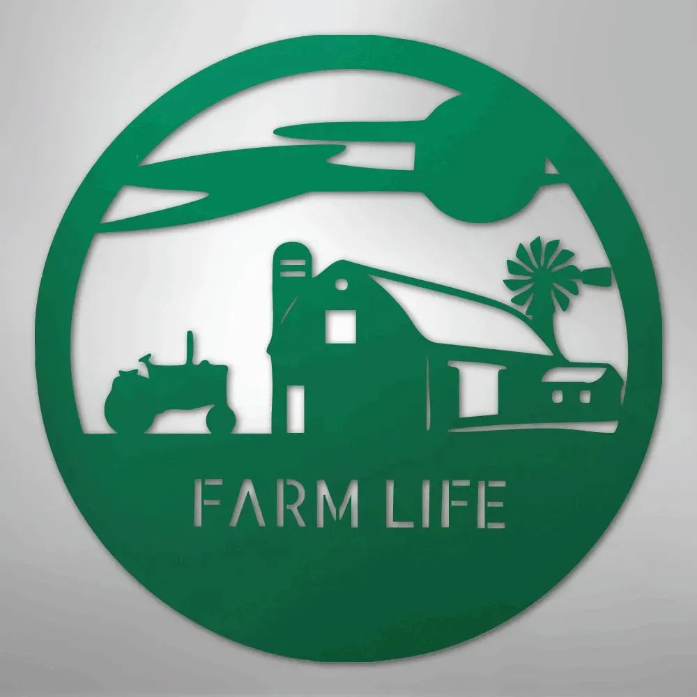 Green metal wall art with a circular farm life scene: barn, tractor, windmill, and "FARM LIFE" text.
