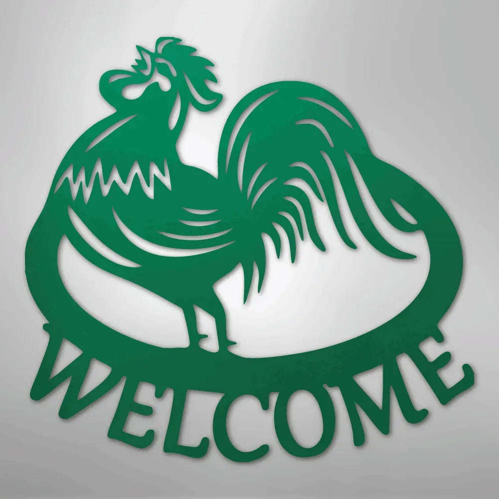 Green metal rooster wall art with "WELCOME" text, durable for indoor/outdoor decor.