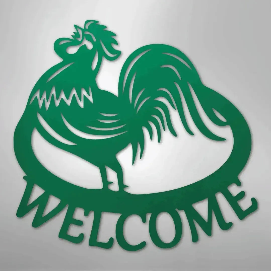 Green metal rooster wall art with "WELCOME" text, durable for indoor/outdoor decor.