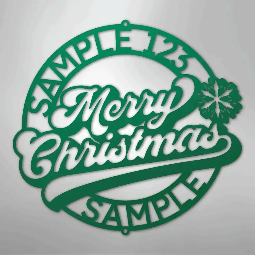 Green metal Christmas ring wall art with "Merry Christmas" script, snowflake, and customizable text.