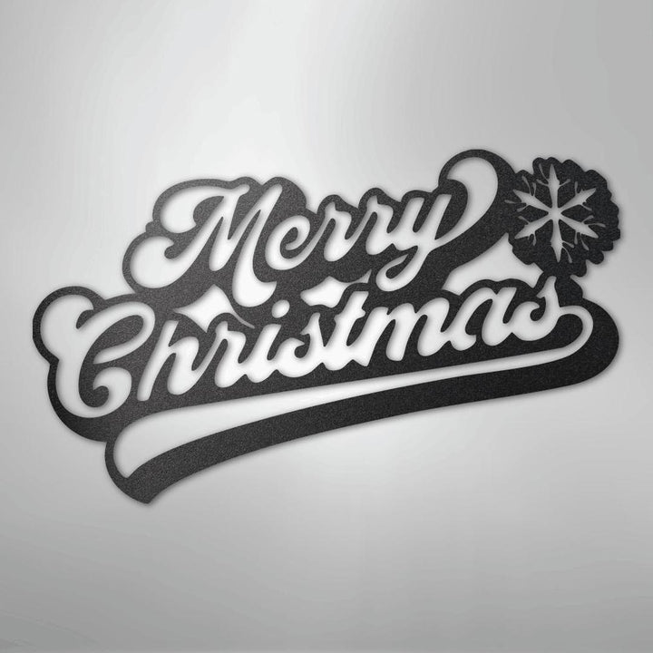 Black metal "Merry Christmas" wall art with a snowflake design.