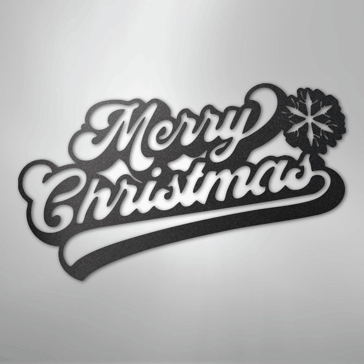 Black metal "Merry Christmas" wall art with a snowflake design.
