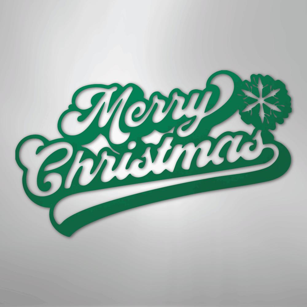 Green "Merry Christmas" metal wall art with a snowflake design.
