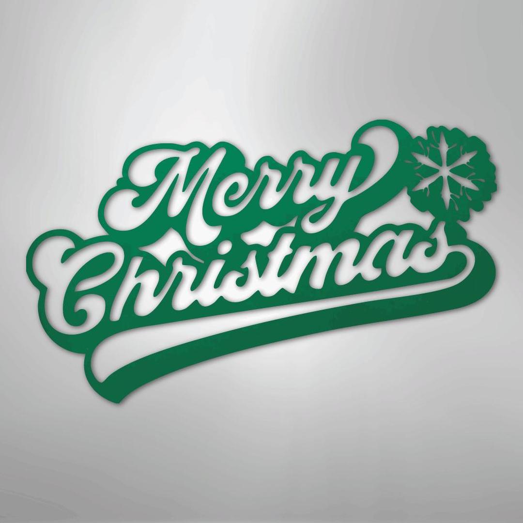 Green "Merry Christmas" metal wall art with a snowflake design.