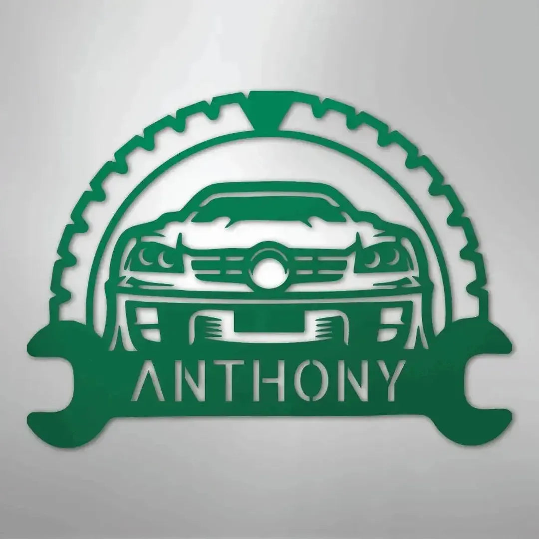Green metal classic car monogram with custom name "ANTHONY" and gear/wrench design.
