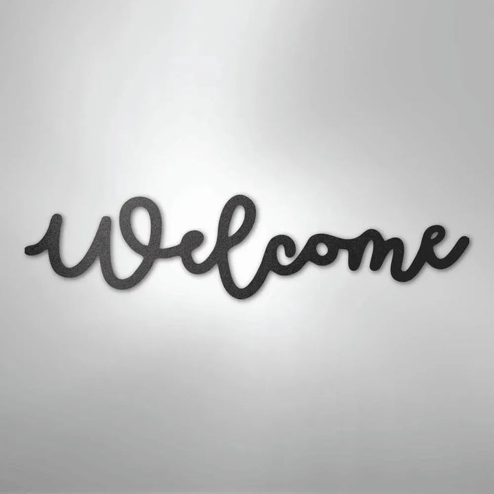 Black script "Welcome" metal wall art, powder-coated American steel, for indoor or outdoor decor.