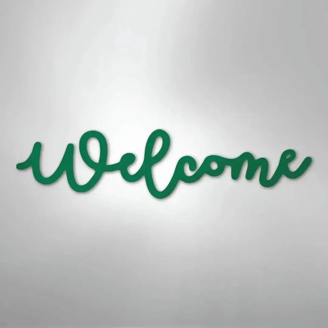 Green script "Welcome" metal wall art, powder-coated for indoor/outdoor use.
