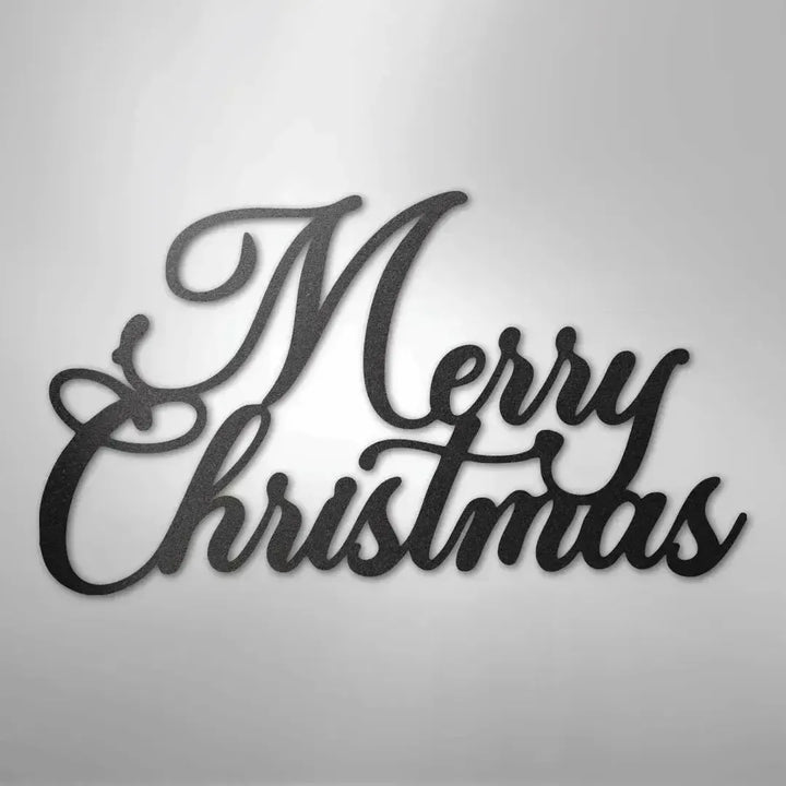 Black "Merry Christmas" metal wall art in elegant script font.