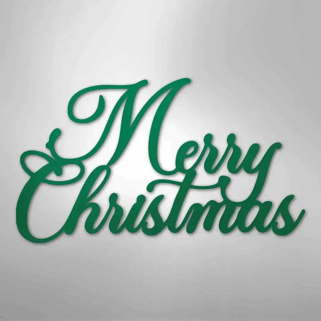 Green script "Merry Christmas" metal wall art on a light background.