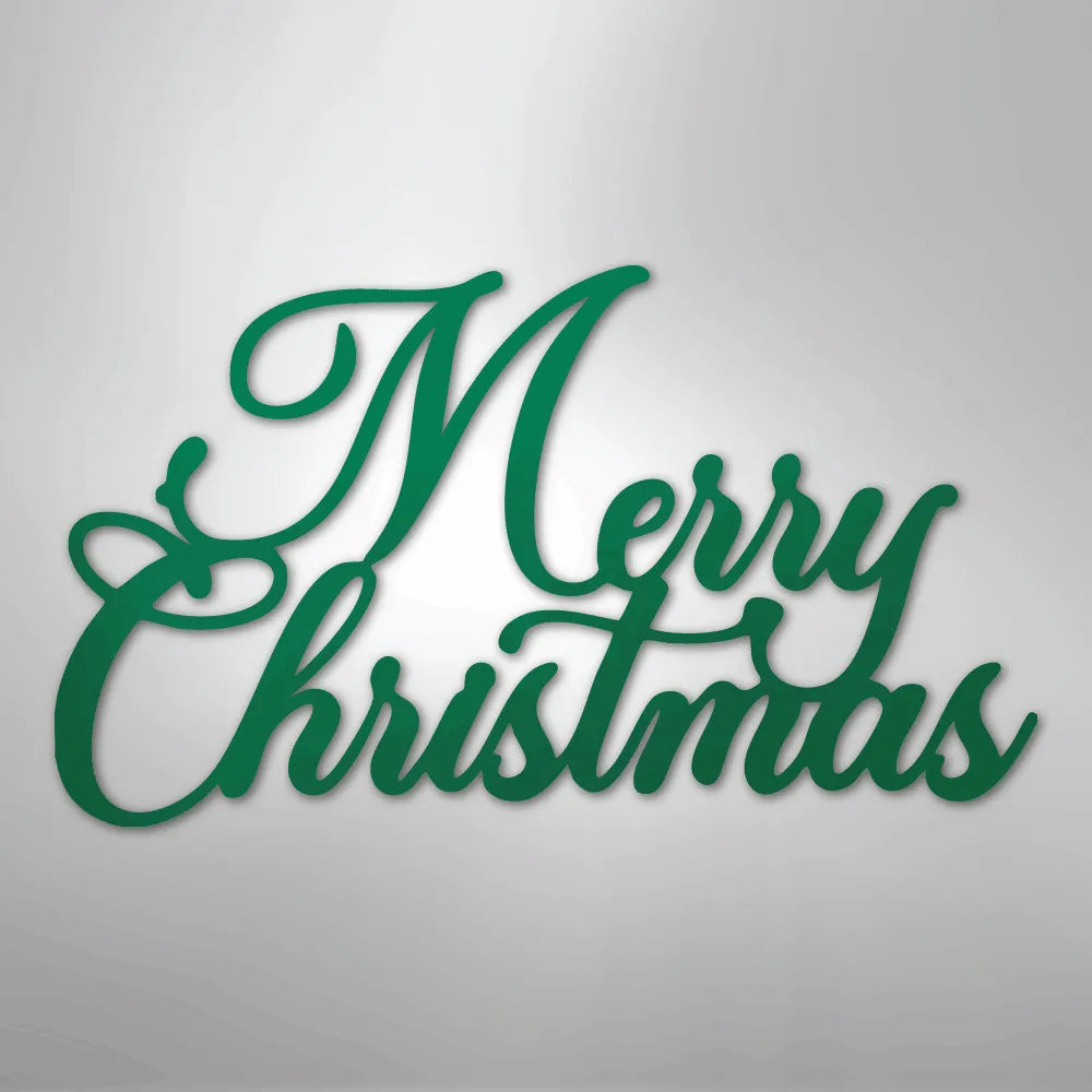 Green script "Merry Christmas" metal wall art on a light background.