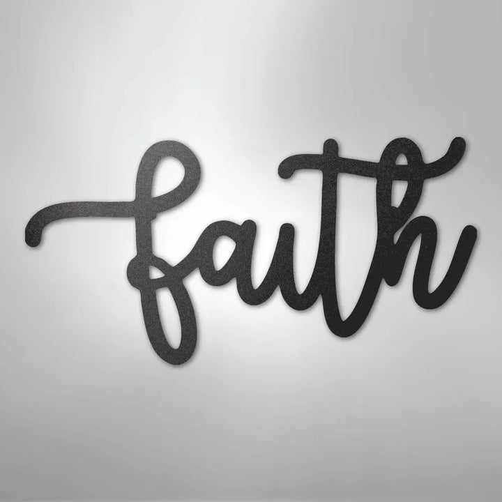 Black metal "faith" script wall art in a flowing, elegant cursive font.