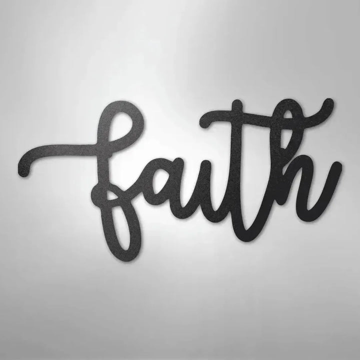 Black metal "faith" script wall art in a flowing, elegant cursive font.