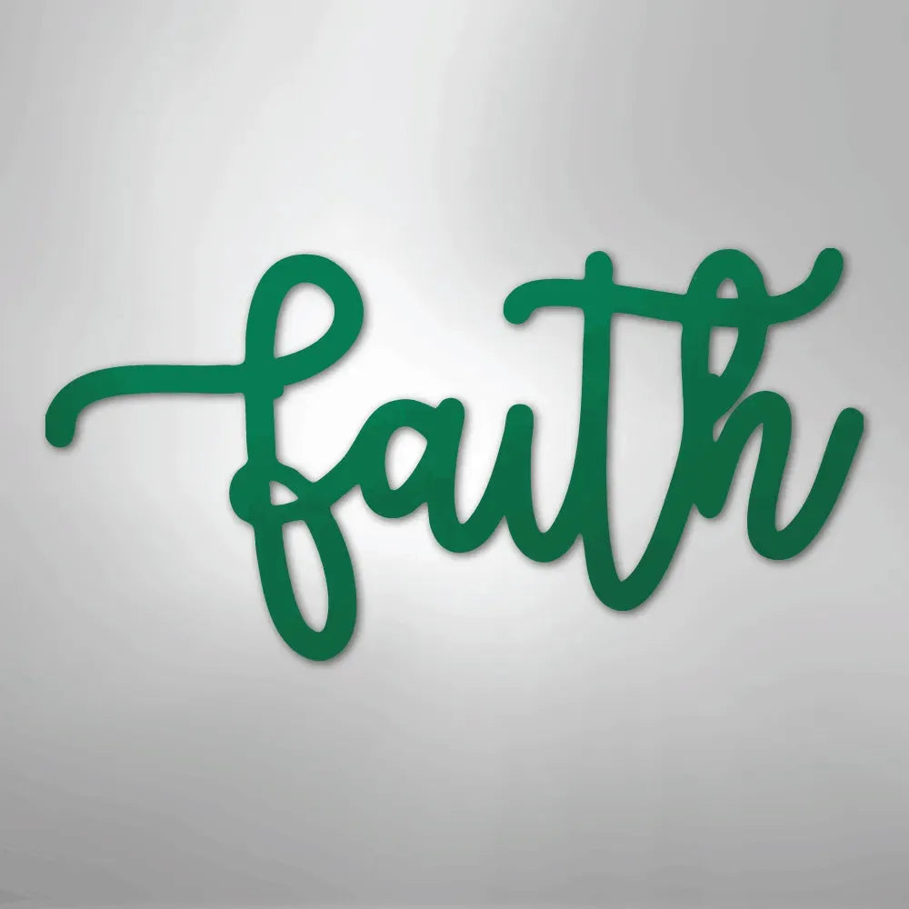 Green script "faith" metal wall art, elegant and inspirational home decor.
