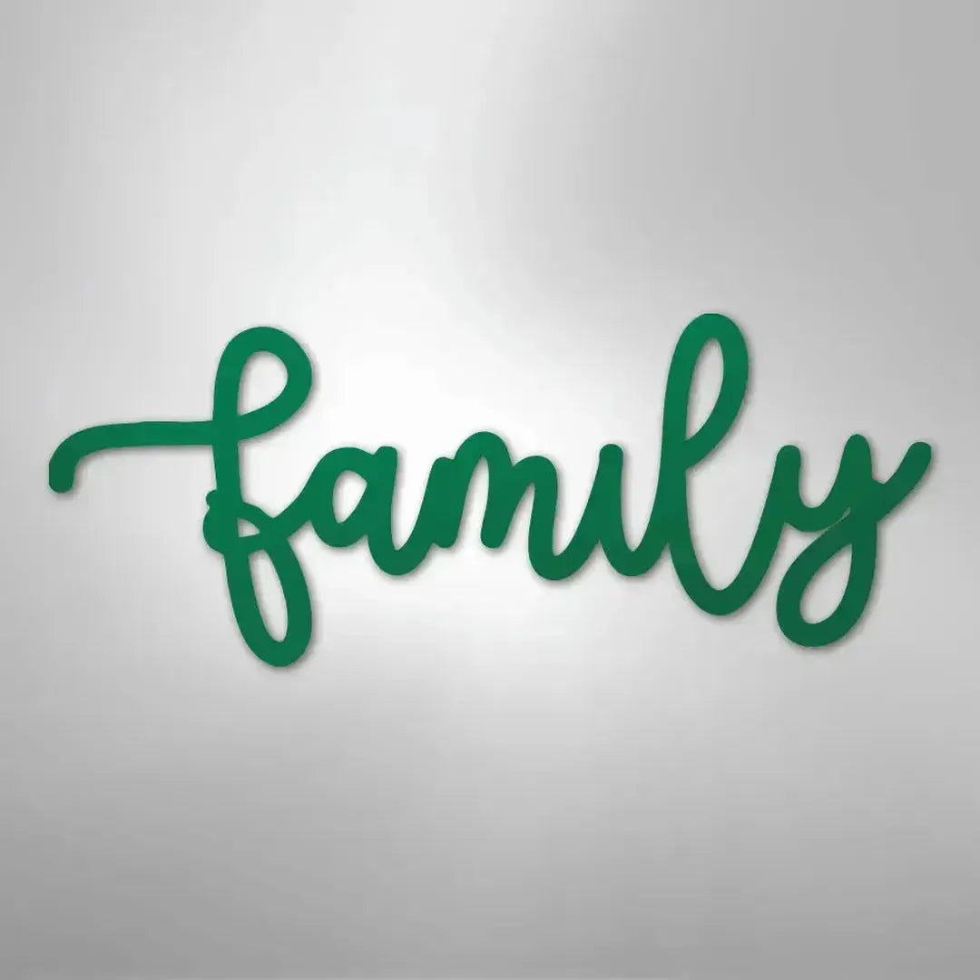 Green script "family" metal wall art, durable powder-coated steel, elegant cursive design.