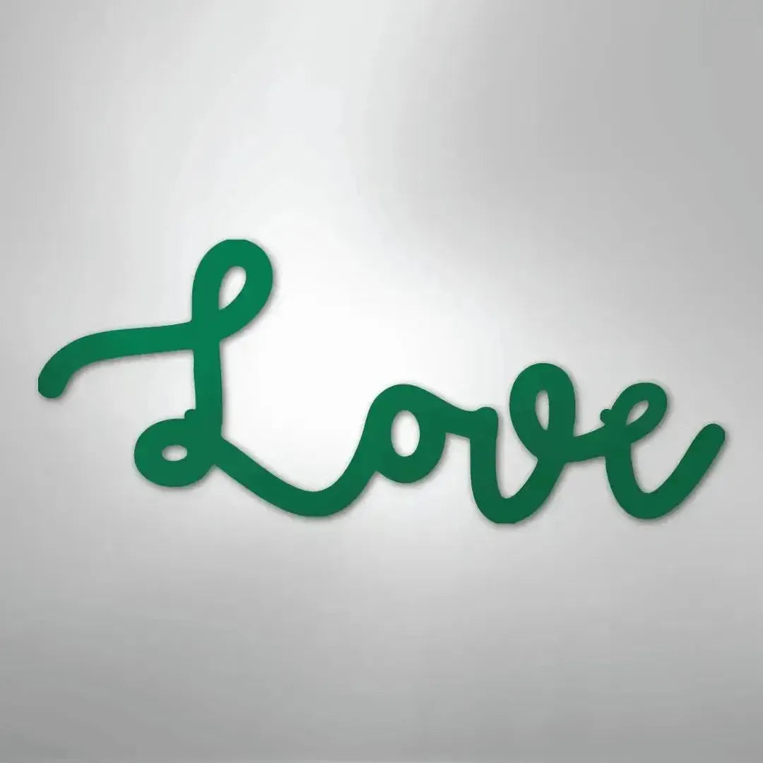 Green script "Love" metal wall art, powder-coated American steel, elegant cursive design.