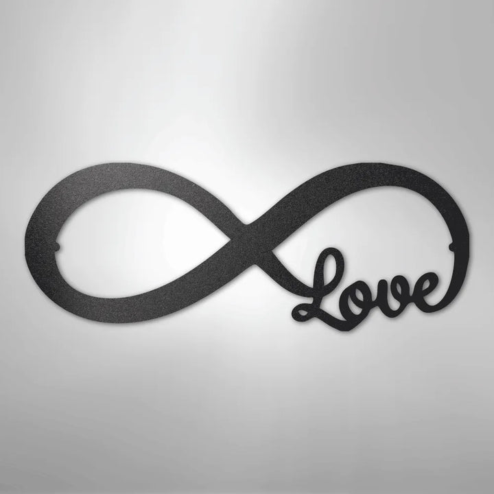 Black metal infinity symbol wall art with "Love" script integrated into the design.