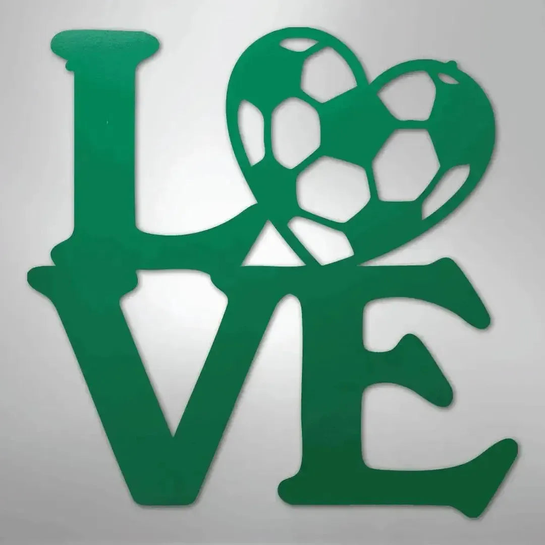 Green metal "LOVE" wall art with a soccer ball forming the "O" in a heart shape.