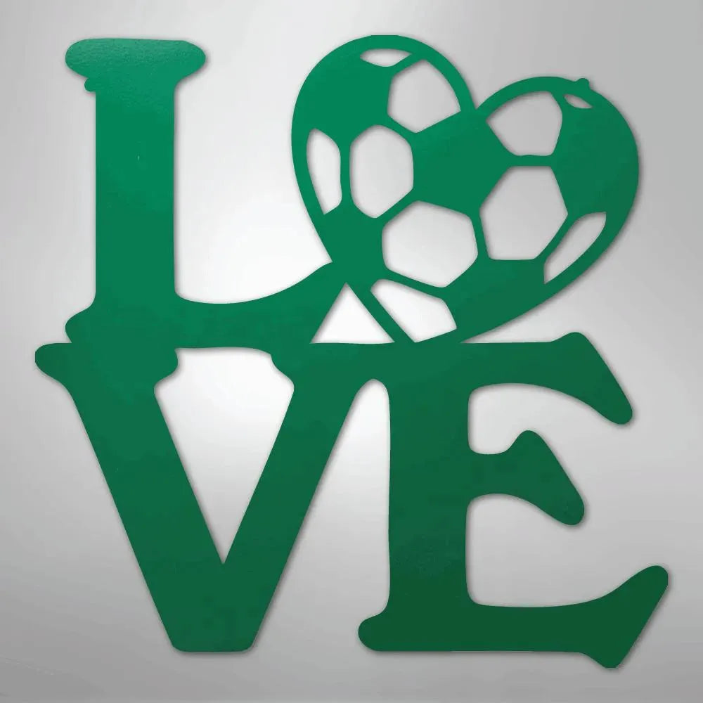 Green metal "LOVE" wall art with a soccer ball forming the "O" in a heart shape.
