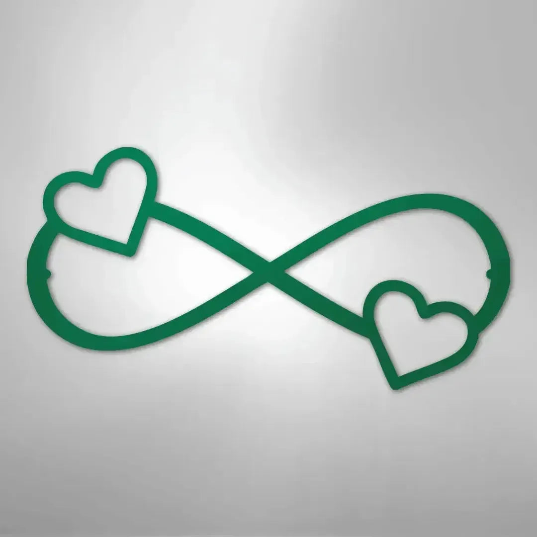 Green metal Double Heart Infinity wall art, a faith-inspired home decor piece.