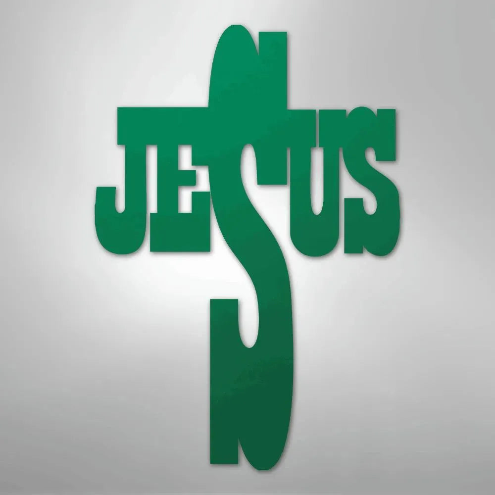Green metal wall art forming a cross with the word "JESUS" integrated into its design.