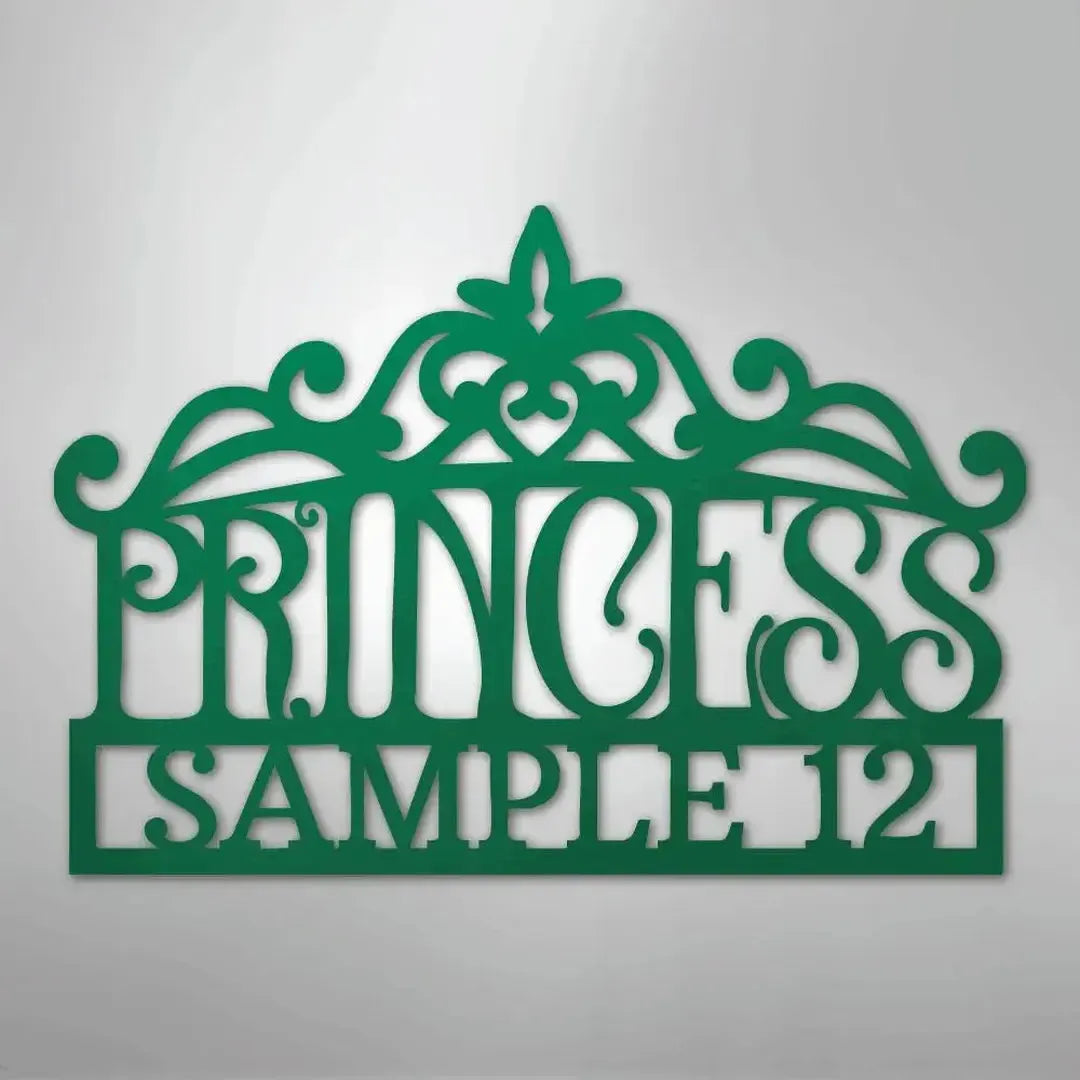 Green metal princess crown monogram wall art with "PRINCESS SAMPLE 12" cut out.