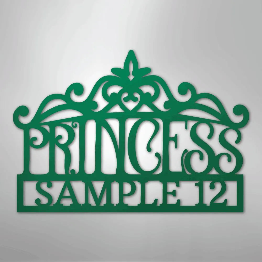 Green metal princess crown monogram wall art with "PRINCESS SAMPLE 12" cut out.
