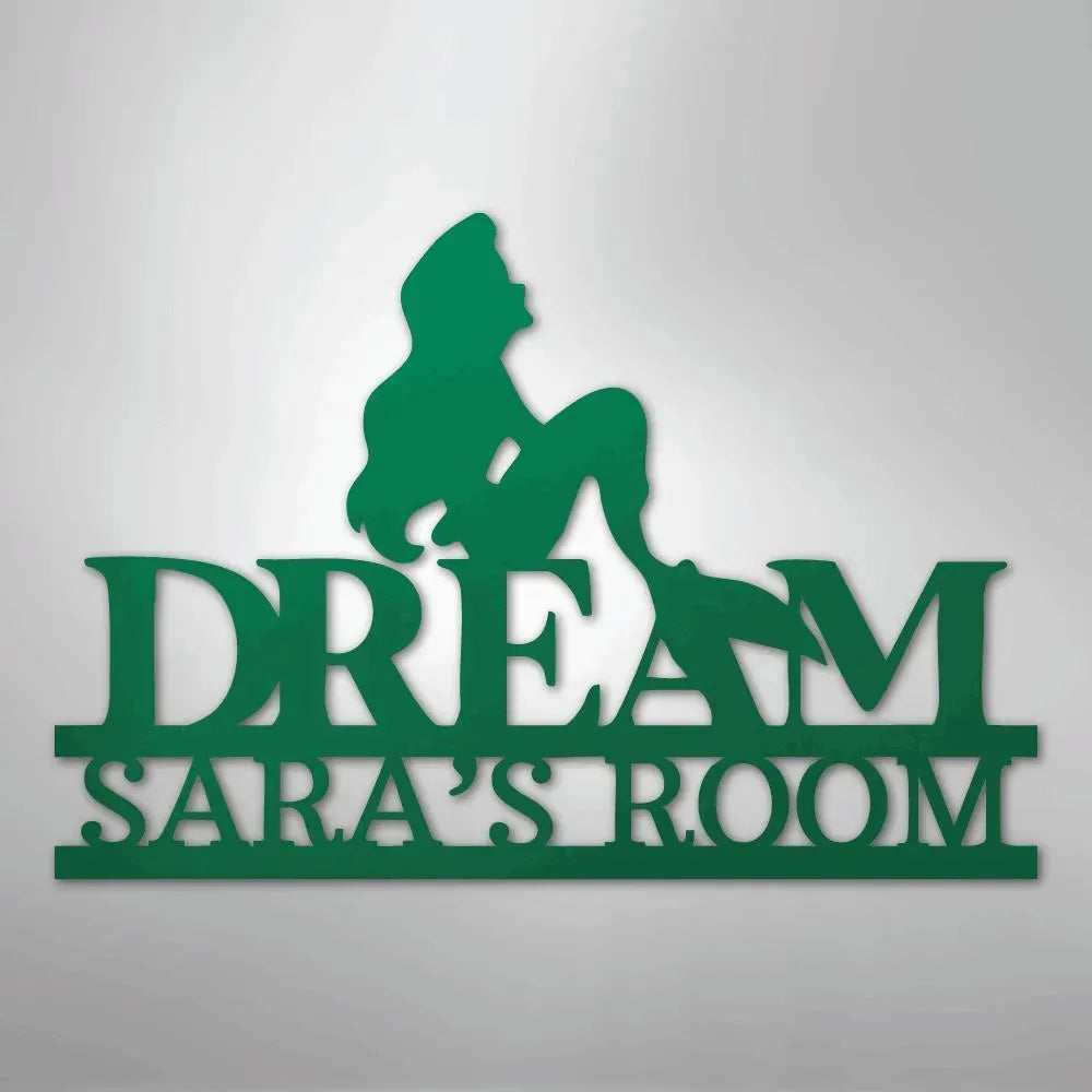 Green metal wall art: mermaid silhouette atop "DREAM SARA'S ROOM" text.