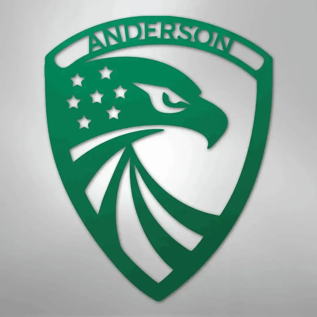 Green metal wall art: eagle head shield with stars, stripes, and "ANDERSON" custom text.