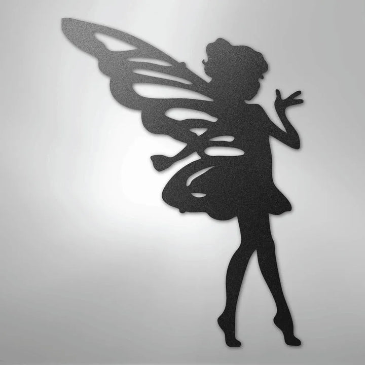 Black metal wall art silhouette of a pixie fairy with wings, ideal for indoor or outdoor decor.