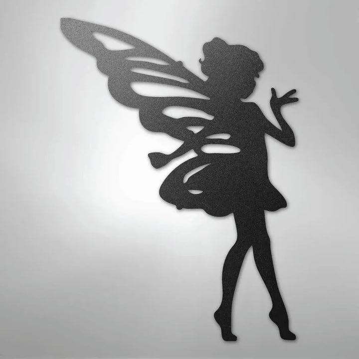 Black metal wall art silhouette of a pixie fairy with wings, ideal for indoor or outdoor decor.