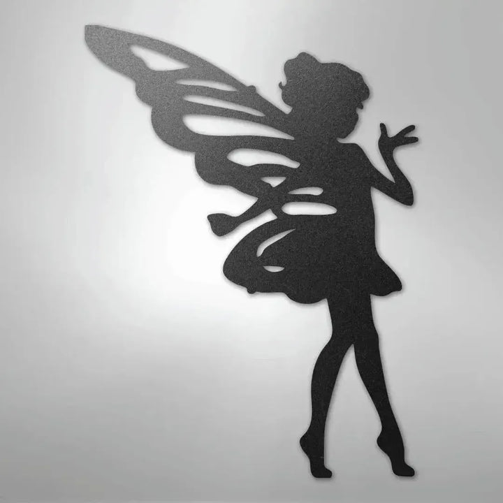 Black metal wall art silhouette of a pixie fairy with wings, ideal for indoor or outdoor decor.