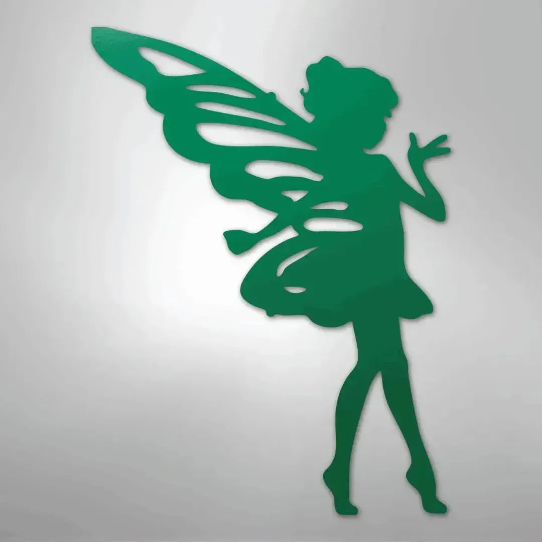 Green metal wall art silhouette of a pixie fairy with wings, ideal for indoor or outdoor decor.