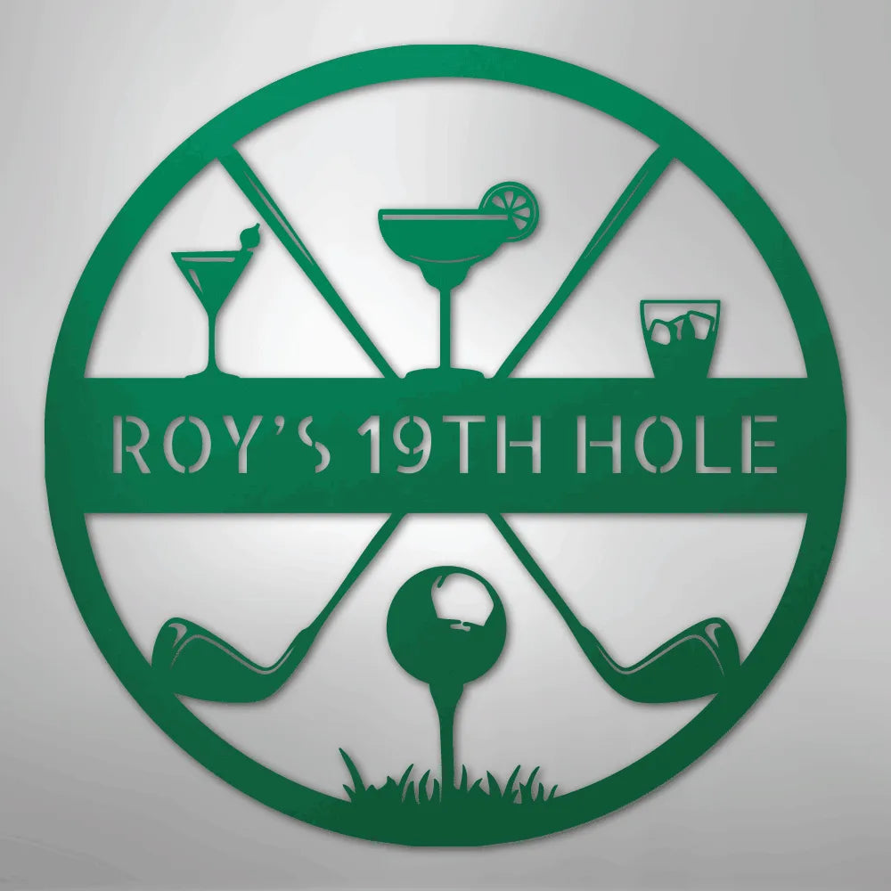 Green metal "ROY'S 19TH HOLE" monogram sign with golf clubs, ball, and three cocktail glasses.