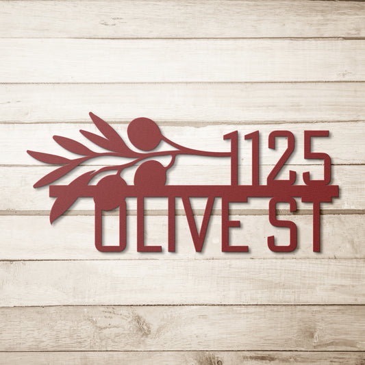Personalized Street Number and Name Address + Olive Branch Metal Sign