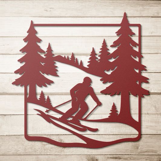 Skier_in_Pine_Forest_Metal_Wall_Art_Red_Simple_Wood_BKGD_Mockup.png